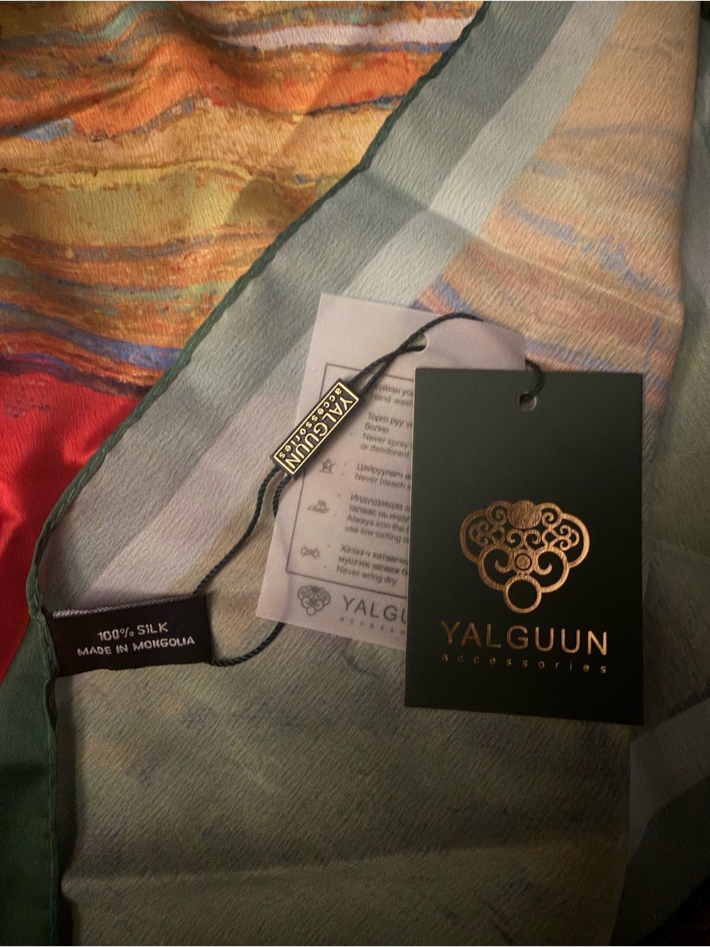 Yalguun Silk Scarf Wrap in Light Green and Red